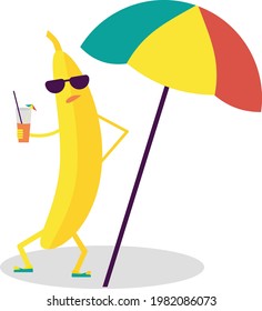 brutal banana under the beach umbrella with cocktail wearing dark glasses and slippers 