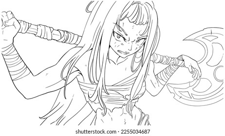 A brutal bandit girl with narrowed pupils and disheveled long hair, she is a barbarian dressed in skins and bandages, with a huge axe, looking irritably at the camera with a threat 2d anime line art