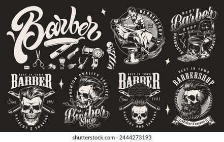 Brutal barber set logotypes monochrome with accessories for fashionable haircut and shaving near skulls and chair for client vector illustration