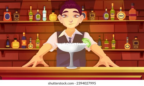 Brutal bartender holds out Margarita cocktail standing near bar counter. Alcohol bar with wine bottles, man in formal suit presenting cocktail. Cute cartoon design, pub concept. Vector illustration