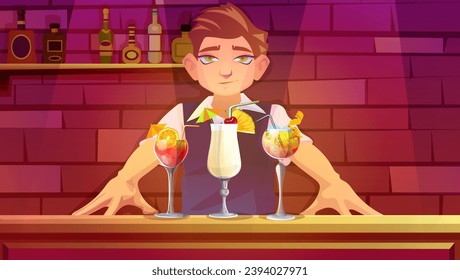 Brutal bartender holds out Pina colada, tequila sunrise, aperol sunrise standing near bar counter. Alcohol bar with wine bottles, man in formal suit presenting cocktail. Vector illustration