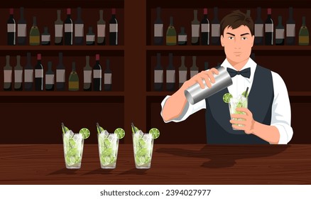 Brutal bartender shaking mojito standing near bar counter. Alcohol bar with wine bottles, man in formal suit preparing cocktail. Cute cartoon design, pub concept. Vector illustration