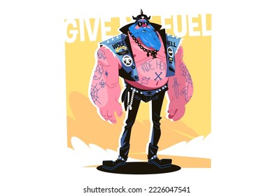 Brutal bearded biker with tattoo vector illustration. Bike driver or motorcyclist. Extreme driving hobby flat style concept