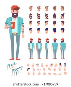 Brutal bearded guy with tattoo.Front, side, back, 3/4 view animated character. Separate parts of body. Constructor with various views, hairstyles and gestures. Cartoon style, flat vector illustration.
