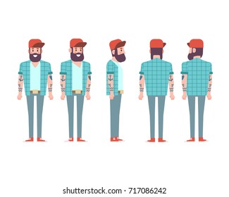 Brutal bearded guy with tattoos on his hands. Front, side, back, 3/4 view character for animation. Separate parts of body. Cartoon style, flat vector illustration.