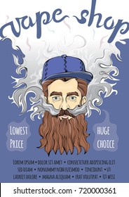 Brutal hipster barbudo haciendo nubes de uva. Vapando o fumando. Plantilla vectorial de póster publicitario para vape shop.