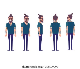 Brutal Bearded hipster with tattoos on his arms. Front, side, back view of man for animation. Cartoon style, flat vector illustration.