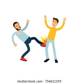 Brutal bearded man in blue sweater beats another guy in leg. Aggressive behavior. Street fight concept. Cartoon people characters. Vector illustration in flat style isolated on white background.