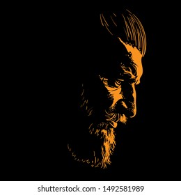 Brutal Bearded Man Portrait Silhouette In Backlight. Vector. Illustration.