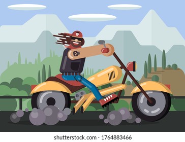Brutal biker in bandana, leather jacket and dark glasses is riding powerful classic motorcycle along highway against background of mountain and forest landscape. Cartoon flat vector illustration