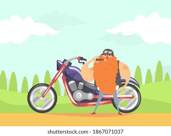Brutal motociclista con barba roja parado cerca de su motocicleta y cigarrillo de tabaco Ilustración vectorial
