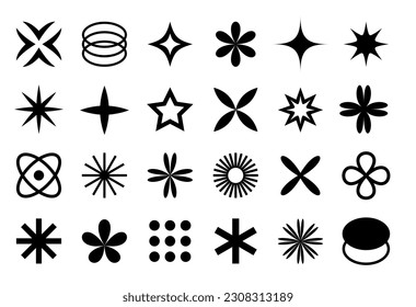 Brutal black abstract geometric Y2K figures collection. Vector set of minimalistic white design elements. Contemporary aesthetic basic shapes, stars, crosses and flowers silhouettes. 