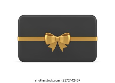 Brutal black gift card horizontal slim container golden ribbon bow realistic template 3d icon vector illustration. Trendy glossy rectangle present package decorative design for holiday party congrats