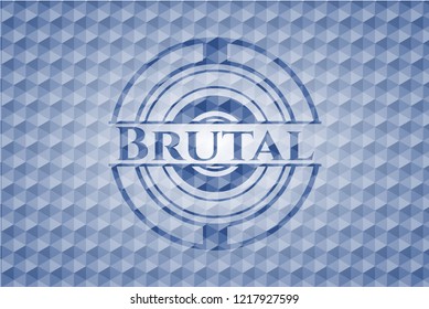 Brutal blue badge with geometric pattern background.