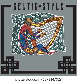 A brutal Celt playing a harp in curls.