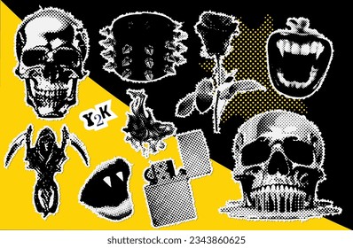 Brutal collage design elements set in dotted style. Retro halftone effect - Skull, vampire mouth, spiked wristband, lighter with fire, rose. Vector illustration with vintage grunge punk cutout shapes.