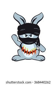 Brutal combat rabbit. Forest warrior. Masked rabbit with a turban on his head. Cute bunny with carrots. Funny vector illustration. White background with rabbit. Cartoon Character Rabbit