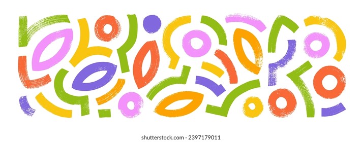 Brutal contemporary colored figures like circles, ovals and arches. Primitive geometric elements isolated on white. Brush drawn bold geometric shapes for collage design. Naive playful abstract shapes.