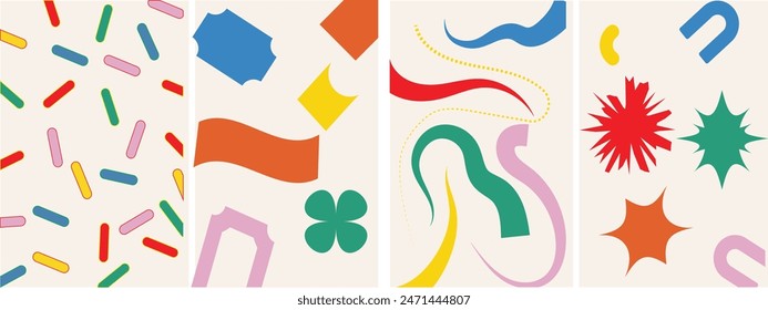 brutal contemporary object figures in the form of circles, oval wave patterns. geometric poster in trendy retro brutalist style