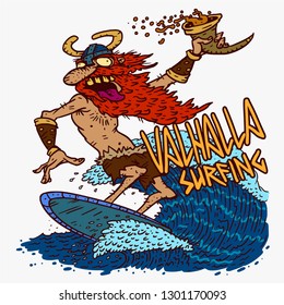 Brutal crazy cartoon Viking with beer surf on the crest of the wave and swims in Valhalla . Vector illustration print on a t-shirt logo surf club