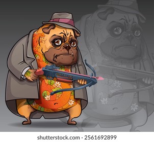 Brutal Dog Mafia boss is holding a crossbow and an arrow. Wearing a hat and a coat. Valentine's day, hunt for love. Prints on t-shirts, clothes, greeting cards, banners, advertising, vector.