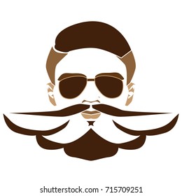 Brutal elegant bearded man face in sunglasses. Vector hipster character. Fashion silhouette, avatar, emblem, logo with moustached man for barbershop design. Vector illustration.