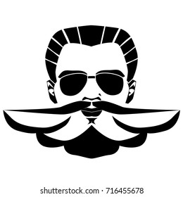 Brutal elegant bearded man face in sunglasses. Vector hipster character. Fashion silhouette, avatar, emblem, logo with moustached man for barbershop design. Vector illustration.