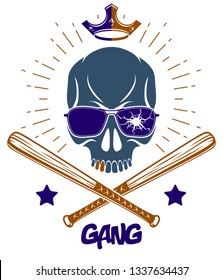 Brutal gangster emblem or logo with aggressive skull baseball bats design elements, vector anarchy crime or terrorism retro style, ghetto revolutionary.