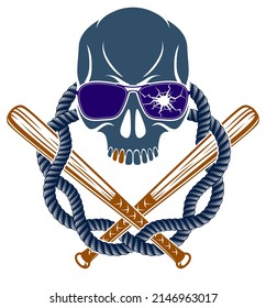 Brutal gangster emblem or logo with aggressive skull baseball bats design elements, vector anarchy crime or terrorism retro style, ghetto revolutionary.