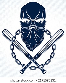 Brutal gangster emblem or logo with aggressive skull baseball bats design elements, vector anarchy crime or terrorism retro style, ghetto revolutionary.