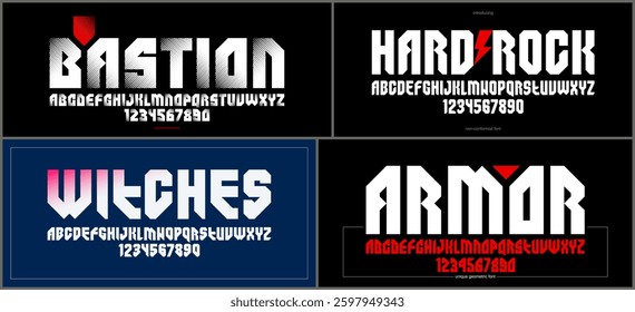 Brutal geometric vector fonts set, bold and massive alphabet typefaces, strong and heavy typeset collection, useful for logo creation, urban letters set.