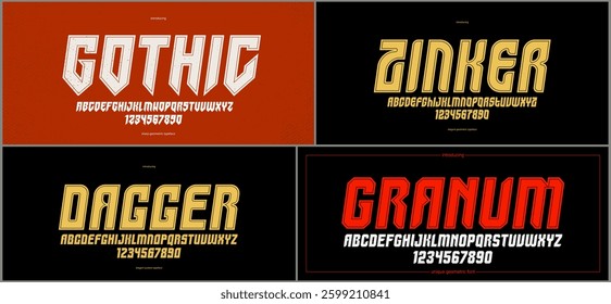 Brutal geometric vector fonts set, bold and massive alphabet typefaces, strong and heavy typeset collection, useful for logo creation, urban letters set.