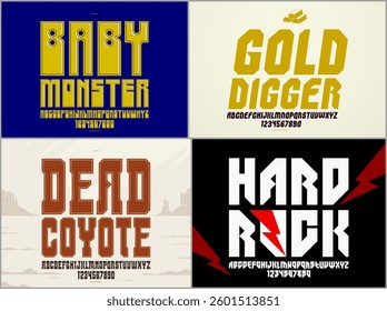 Brutal geometric vector fonts set, bold and massive alphabet typefaces, strong and heavy typeset collection, useful for logo creation, urban letters set.