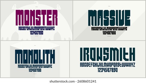 Brutal geometric vector fonts set, bold and massive alphabet typefaces, strong and heavy typeset collection, useful for logo creation, urban letters set.