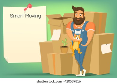 Brutal handsome bearded mover man with cat. Smart moving concept