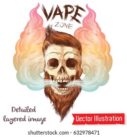 A brutal hipster's skull in smoke vapor. E-cigarettes, vape zone. Color vector clip art on vape theme. Human Skull lets steam from mouth. Skull on white background. T-shirt print. Vector illustration.