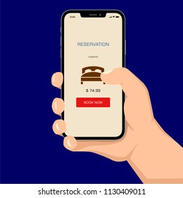Brutal human hand holding smartphone with hotel reservation application ui flat style illustration.