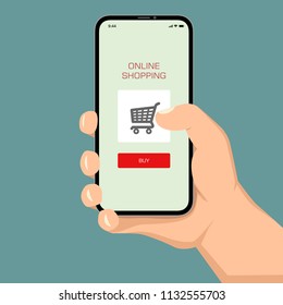 Brutal human hand holding smartphone with shopping application ui flat style illustration.