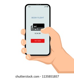 Brutal human hand holding smartphone with ticket application ui flat style illustration.