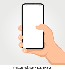 Brutal human hand holding smartphone with white screen flat style illustration.