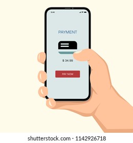 Brutal human hand holding smartphone with payment application ui flat style illustration.