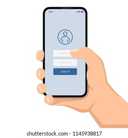 Brutal human hand holding smartphone with sign in application ui flat style illustration.