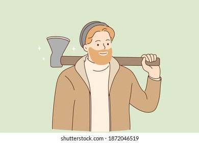 Brutal lumberjack and hipster with beard concept. Young smiling bearded man in warm clothes holding axe on shoulder and looking brutal vector illustration 