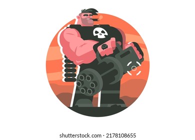 Brutal machine gunner on battle field vector illustration. Cruel smoking man soldier holding machine gun flat style concept. Warrior and war idea