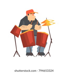 Brutal male drummer playing drums, man sitting behind the drum kit cartoon vector Illustration