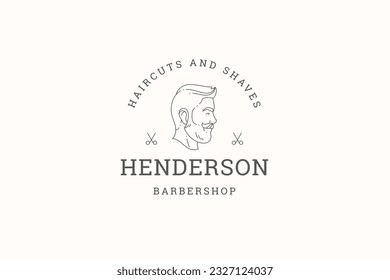 Brutal male portrait barbershop beard mustache shaving beauty service line logo design template vector illustration. Gentleman hipster grooming hairdressing hairdo fashion salon hair cutting emblem