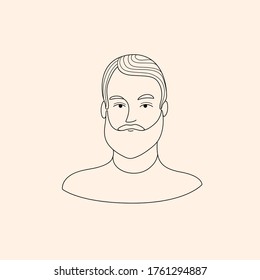 Hombre brutal con barba. Ilustración de línea de contorno en estilo de dibujos animados para salones de belleza, cosméticos. 