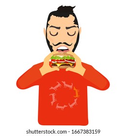 A brutal man with big open mouth eating hamburger vector flat design illustration isolated on white background. Cartoon funny character in red checked hoodie with dogs. Bun and mustache hairstyle.