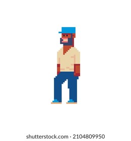 Brutal man in a blue cap with a beard. Pixel art style character. Avatar, portrait, profile picture.  Game assets.  8-bit. Isolated vector illustration.