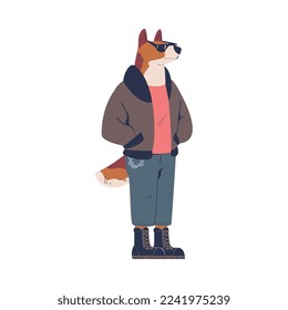 Brutal Man Character with Dog Animal Head Standing Wearing Jacket and Sunglasses Vector Illustration